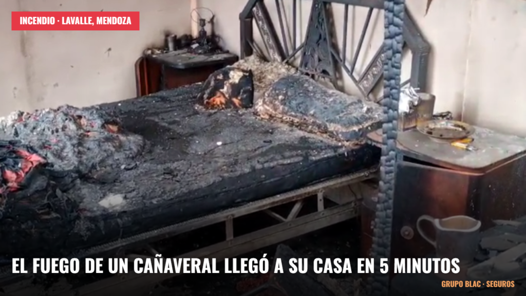 Dormitorio quemado tras el incendio de un cañaveral en Lavalle, Mendoza