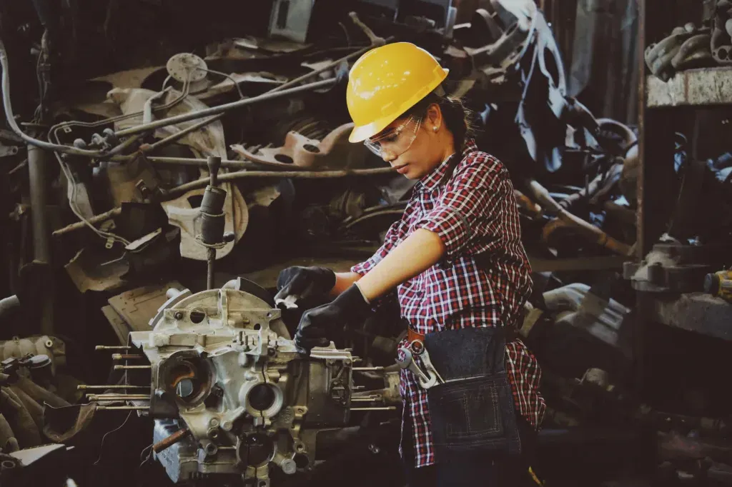 Trabajadora con casco en un taller industrial